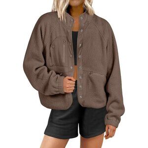 Women's Fuzzy Fleece Coffee Long Sleeve Button Down Jacket Coats Casual Outwear